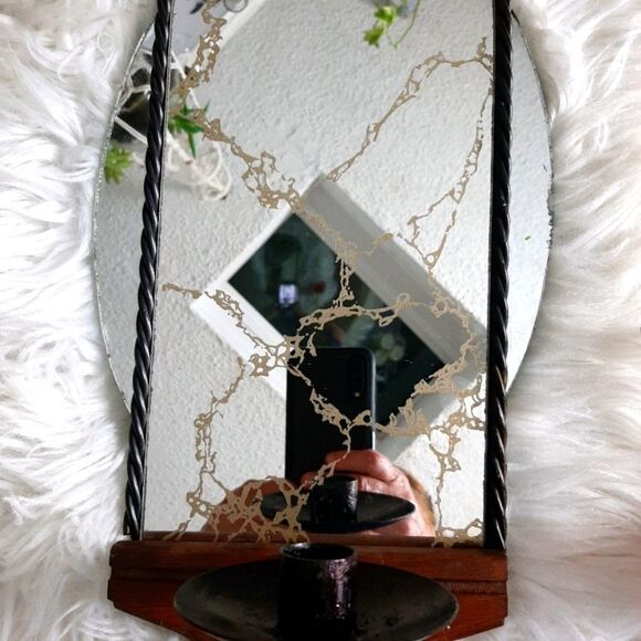 Home Interior Rod Iron Wooden  Vintage Rare  60s, Mirror Sconce  /Candle Holder‎ - Picture 6 of 11